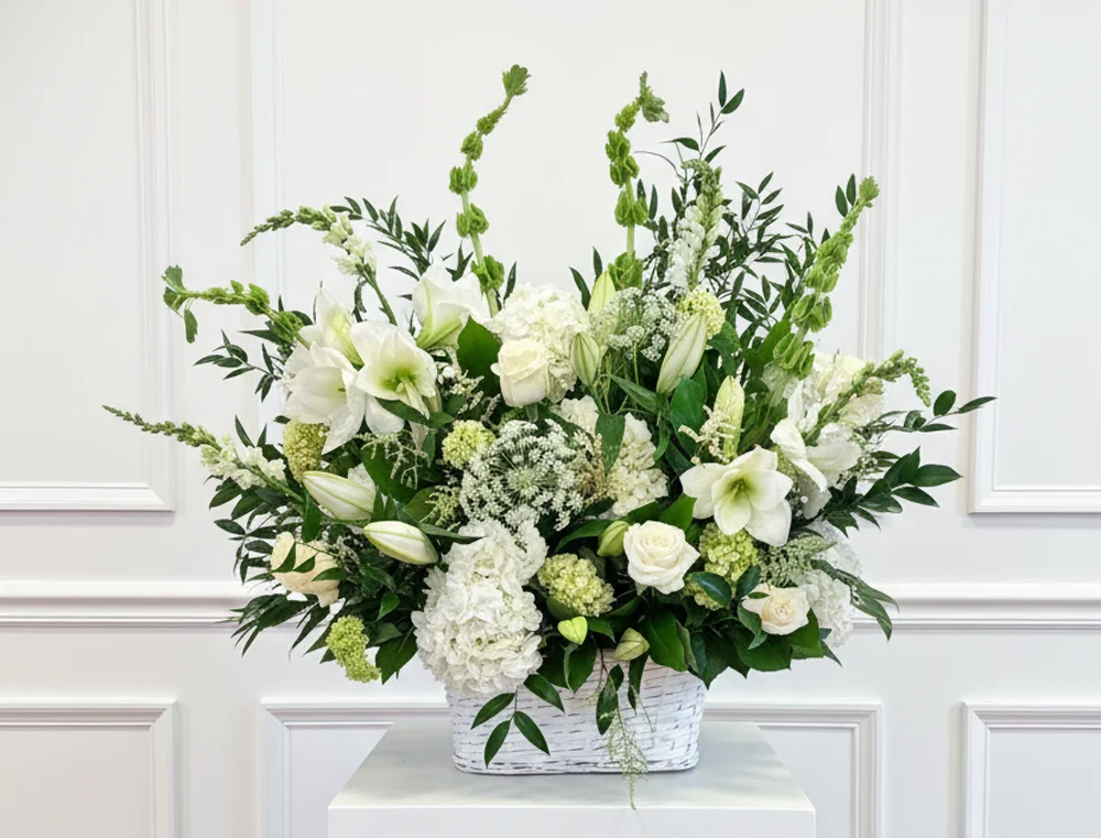 beautiful sympathy flower arrangement situated at a funeral home